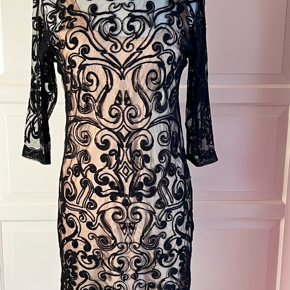 Catherine Maladrino for Design Nation small black polyester lace top/ nude slip.